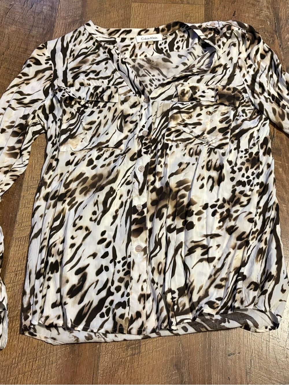 Calvin Klein Leopard Print Button-Down Shirt - White & Brown S